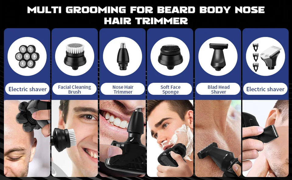 SEJOY Multifunctional 7D Head Shavers for Bald Men 6-in-1 Electric Razor with Nose Hair Trimmer Waterproof Mens Grooming Kit