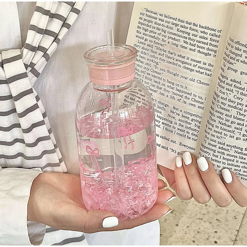 Kawaii Water Bottle Aesthetic Tumbler For Ice Coffee Juice Tea Cute Bowknot Plastic Cups With Straw Lid Portable Drinking Bottle