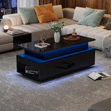 KOMHTOM Black height adjustable coffee table high gloss coffee table with hidden storage, drawer and LED lighting