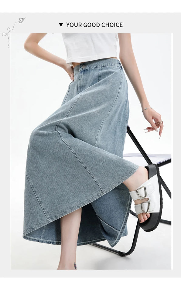 Long Denim Skirt Women 2024 Spring Summer New Arrivals High Elastic Waist A Line Jeans Skirts Korean Fashion Casual Blue Skirts