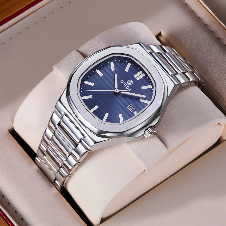 OGEDA 2024 new 40MM square men's quartz watch glass stainless steel waterproof 3Bar luminous C3 reloj hombre watches for men