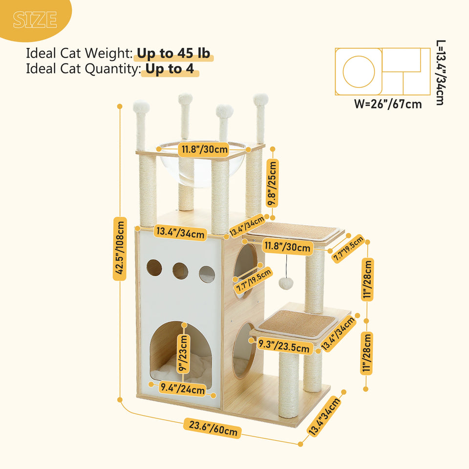 Modern Cat Tree Wooden Cat Tower with 2-Floor Condo Cat Furniture with Cat Scratching Posts Capsule Nest and Dangling Balls