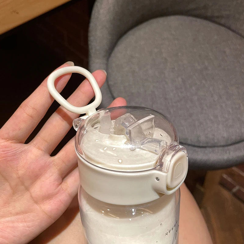 Cartoon Water Bottle With Straw Cute Plastic Drinking Bottle Portable Leak-proof Drinkware For Drinking Milk Coffee Tea