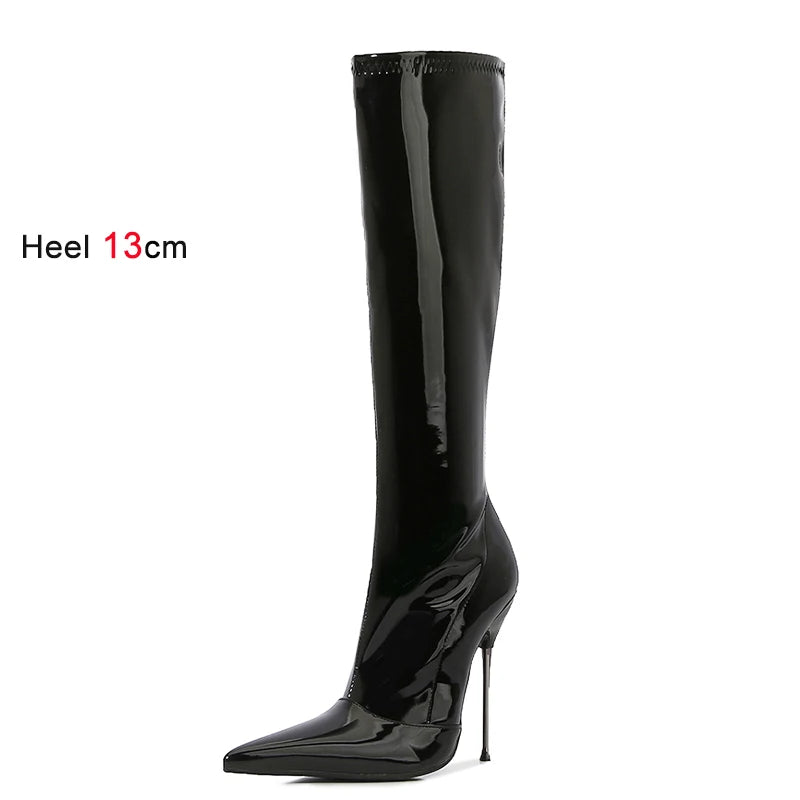 Knee-High Modern Boots Pointy Toe Women Shoes 13cm Ultra Thin Steel High Heels Metal Heel Calf Boots for Women Fun Shoes Size 46