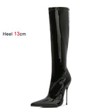 Knee-High Modern Boots Pointy Toe Women Shoes 13cm Ultra Thin Steel High Heels Metal Heel Calf Boots for Women Fun Shoes Size 46