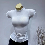 Women's Slim Fit Turtleneck Ribbed Knit Crop Top Casual Basic Tight Knit Sexy Fitted Cropped T-Shirt