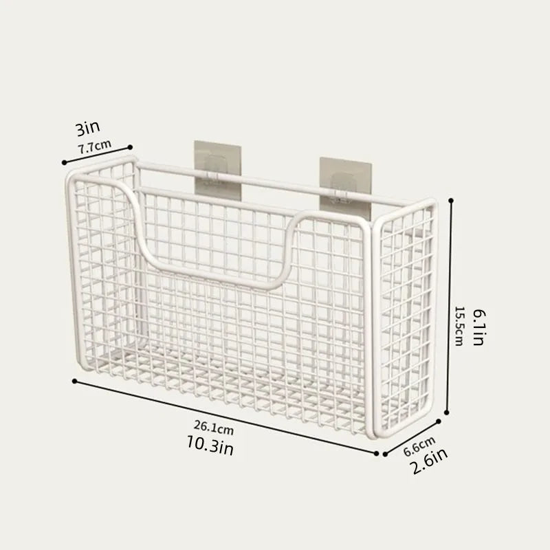Storage box inside the kitchen cabinet door, storage bag on the hook behind the door, basket for the cabinet door