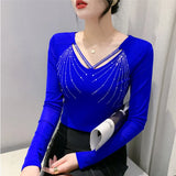 Autumn New Women Mesh Tops Fashion Hollow Out V-Neck Long-Sleeved T-Shirt Classic Shiny Diamonds Bottoming Shirt Elasticity Tees