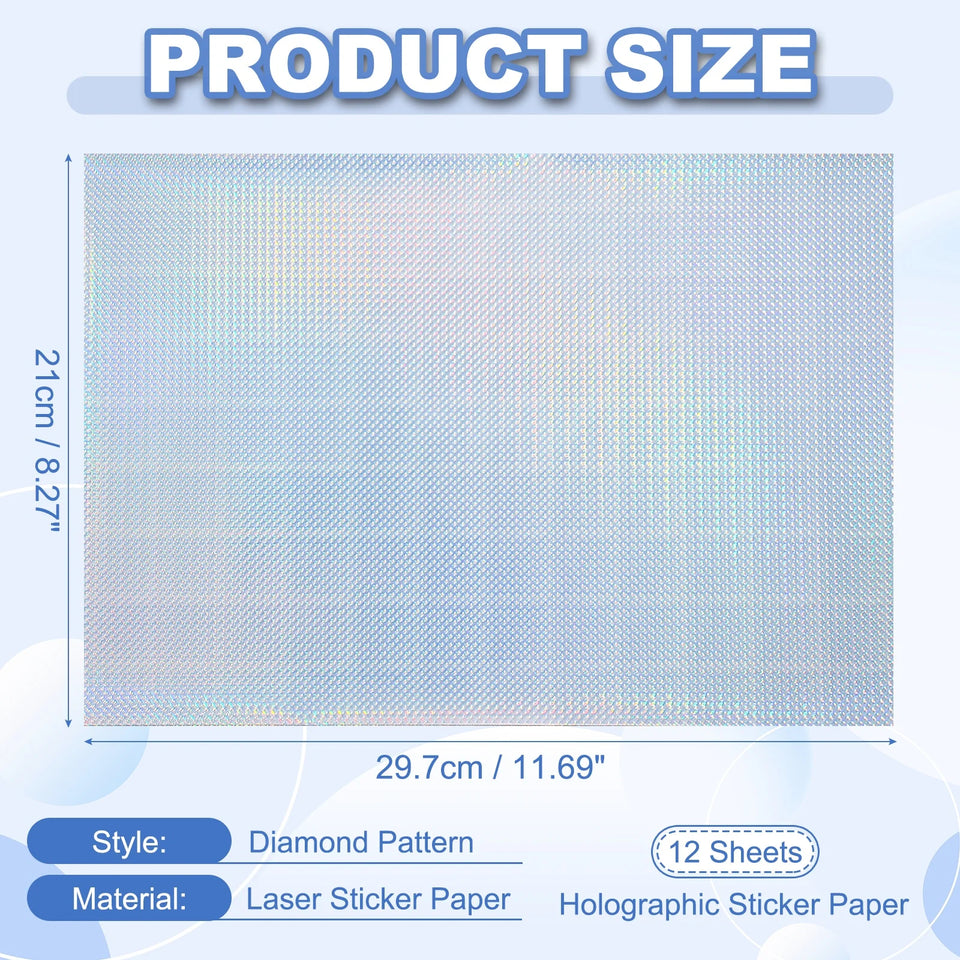 12Sheets Printable Holographic Sticker Paper Vinyl Sticker Paper A4 Waterproof Quickly Stickers for Laser Printer Inkjet Printer
