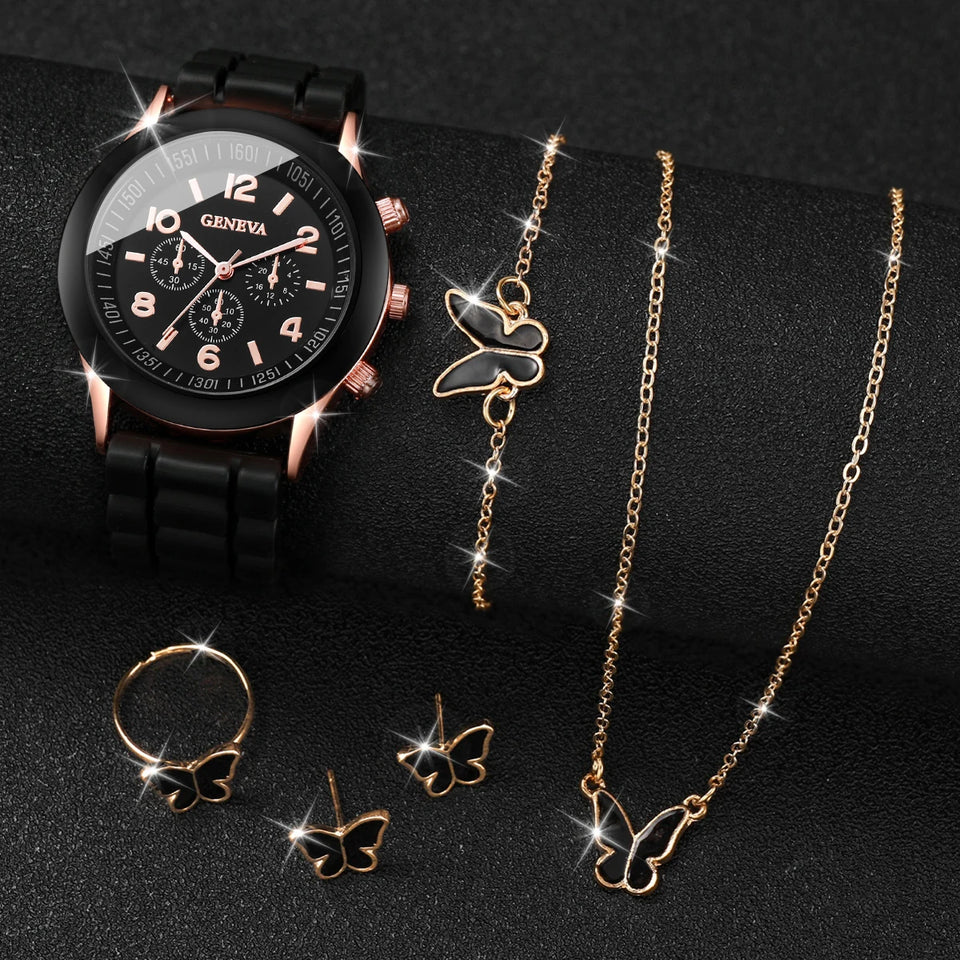 5/6PCS Women's Watch Casual Silicone Band Quartz Watches Butterfly Jewelry Set(Without Box)