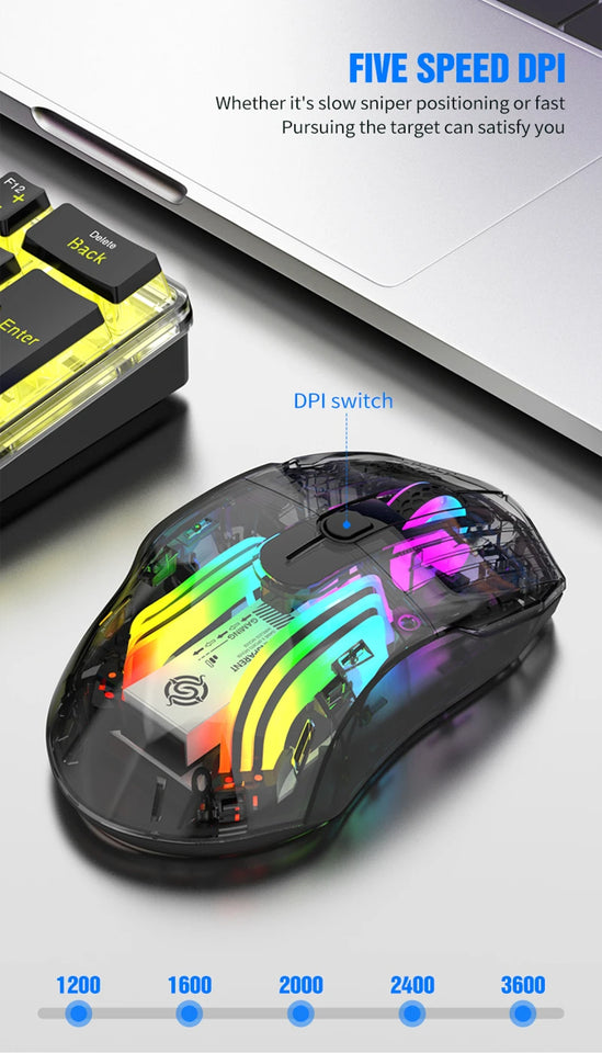 Aesthetic Clear Wireless Mouse for Women RGB Glow Tri-Mode Bluetooth Rechargeable Gaming Mouse for Laptop PC Office