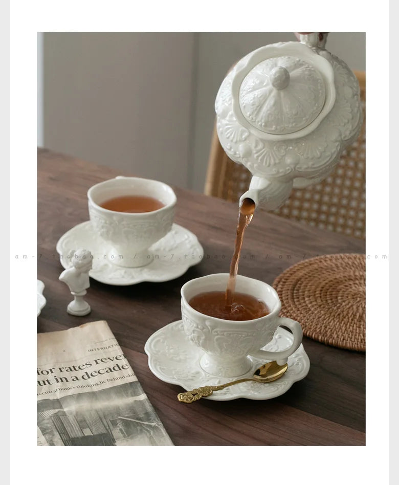 Ceramic European Style Tea Set French Relief Butterfly Flower Palace Pot Black Tea Cup Afternoon Tea Coffee Cup and Plate