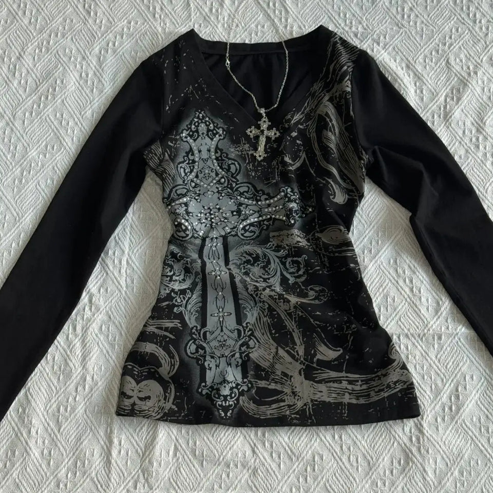 Retro Hip Hop Y2K T-Shirts Fashion Women Sexy Long Sleeve Gothic Vintage Punk Streetwear Tops Casual Slim Hot Girl Autumn Tees