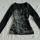 Retro Hip Hop Y2K T-Shirts Fashion Women Sexy Long Sleeve Gothic Vintage Punk Streetwear Tops Casual Slim Hot Girl Autumn Tees