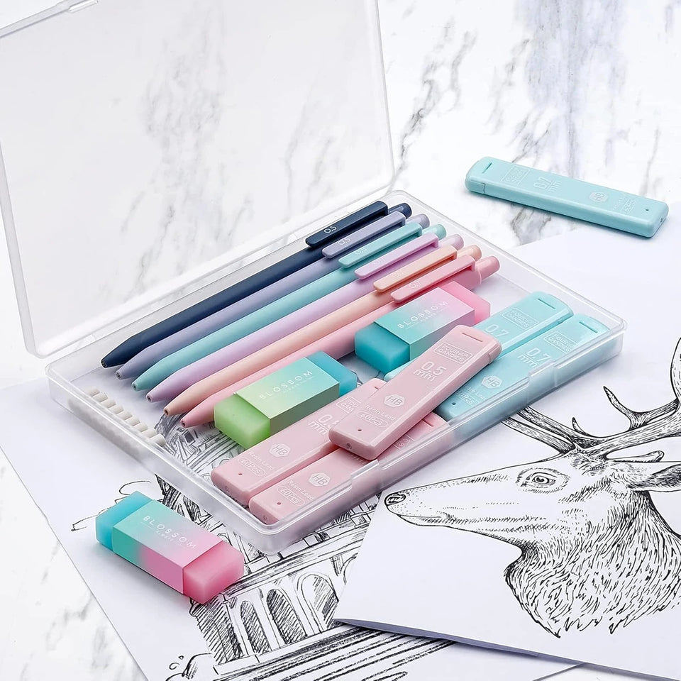 Cute Mechanical Pencil Set 6 Pastel Mechanical Pencils 0.5 0.7mm 120 HB Leads 3 Erasers 9 Eraser Refills Aesthetic School Supply