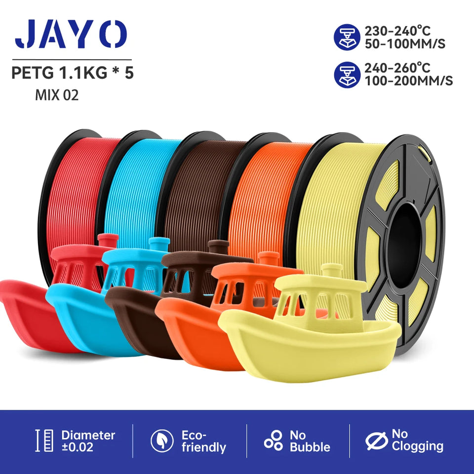 JAYO filaments petg 5Rolls Mixed colors 3D Printer Filament 1.75mm 100% No Bubble FDM 3D Printer Materials DIY Gift 1.1KG/1rolls