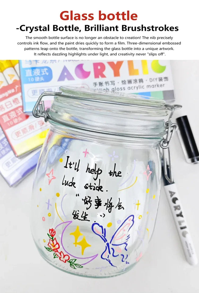 GuangNa 12 Colors/box Direct Liquid Hardhead High-gloss Acrylic Marker, for Student Notebook Writing, DIY Painting Graffiti