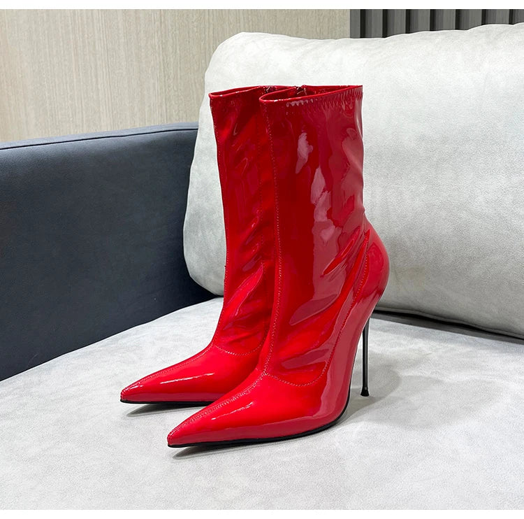 Knee-High Modern Boots Pointy Toe Women Shoes 13cm Ultra Thin Steel High Heels Metal Heel Calf Boots for Women Fun Shoes Size 46