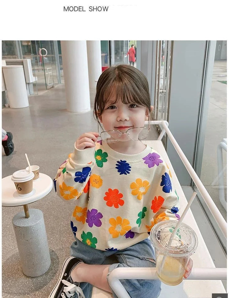 Spring Autumn Baby and Girls Sweet All-Over Flowers Sweatshirt School Kids Outfit Pullover Tops Child Workout Jumper 1-12 Years