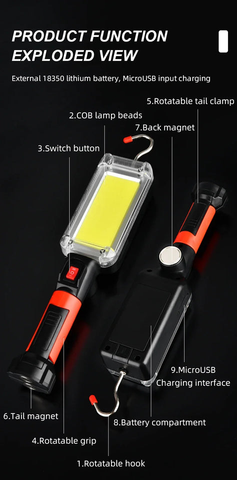 COB Floodlight Rechargeable Lamp Led Work Light Use 2*18650 Battery Led Portable Magnetic Light Hook Clip Waterproof