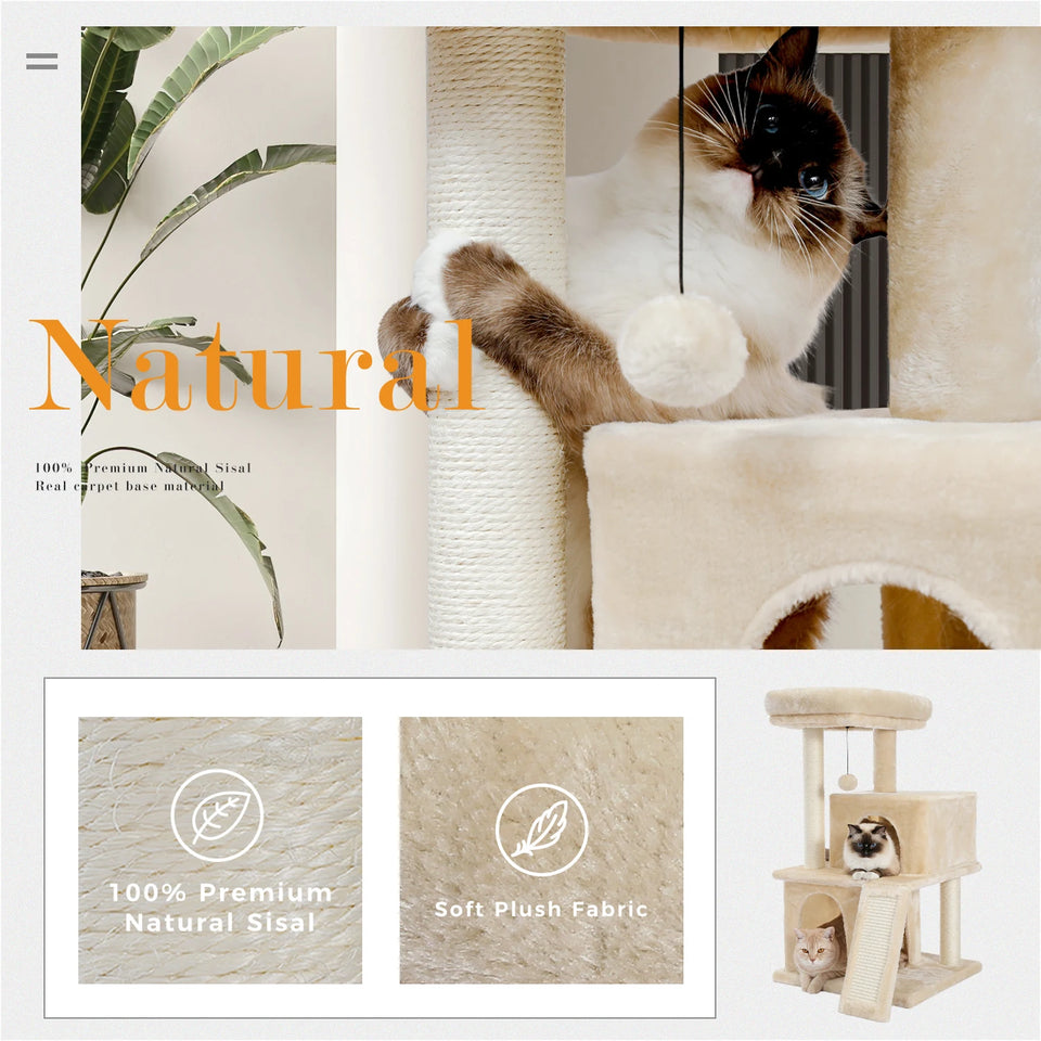 Large Cat Tree for Indoor Cats, Multi-Level Cat Tower with Sisal Scratching Post, 2 Spacious Condo, Cat Scratching Pad, Cat Toys