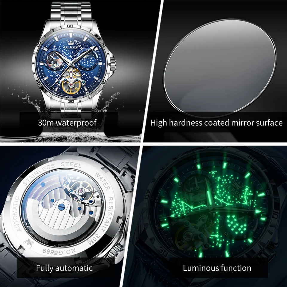 OLEVS 6689 Original Brand Men's Watches Starry Sky Disk Waterproof Luminous Automatic Mechanical Wristwatch Moon Phase Man Watch