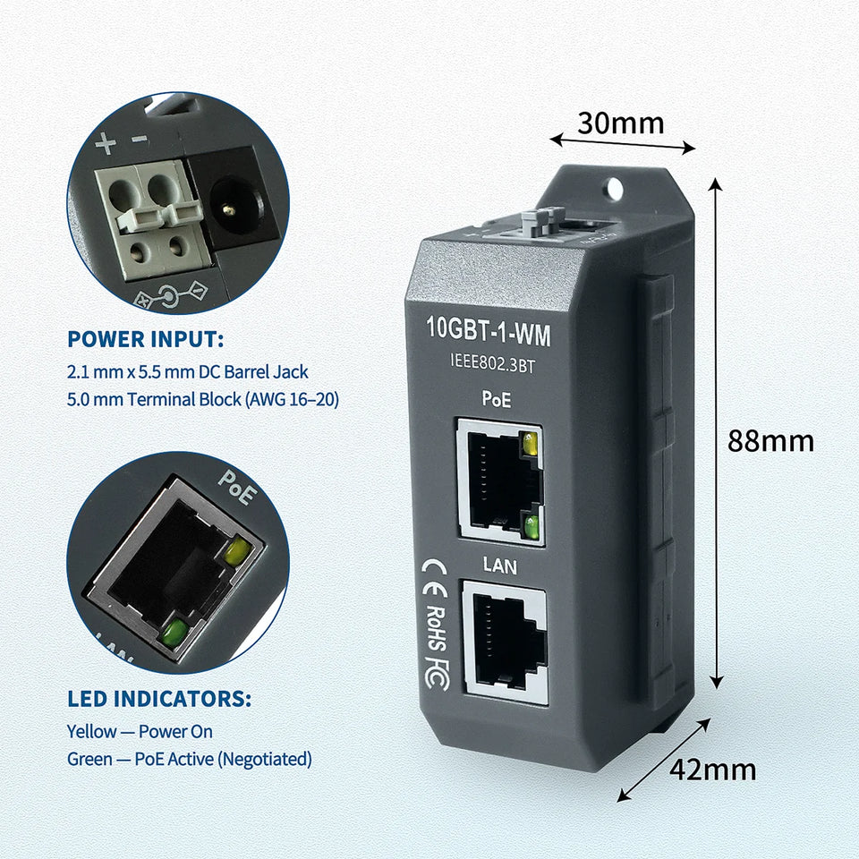 IEEE 802.3af/at/bt 4 Pair Active PoE Injector 2.5G/5G/10G High-Speed PoE++ 90W Max Outut For HD IP Cameras DIN Rail Mounting