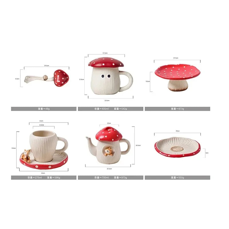 Creative Cute Mushroom Ceramic Coffee Cupcake Plate Kettle Tableware Home Cartoon Mushroom Tea Set Mug Plate Kitchen Utensils