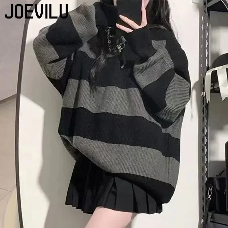 Striped Contrasting Sweater Women's Long Sleeve Knitted Sweatshirt Korean Fashion Streetwear Pullover Autumn New Casual Jumper