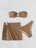 Sexy Bandeau Bikini Women Coffee Metal Water Droplet Ornament Push Up Mesh Skirt 3 Piece Swimsuit Beach Bathing Suit Swimwear