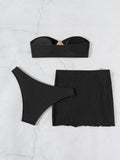 Sexy Bandeau Bikini Women Coffee Metal Water Droplet Ornament Push Up Mesh Skirt 3 Piece Swimsuit Beach Bathing Suit Swimwear