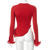 Shestyle Red Asymmetrical Ruffles T-Shirts Women Iron Shape Crew Neck Autumn Glowing Flare Sleeve Crop Tops New Arrivals Tees