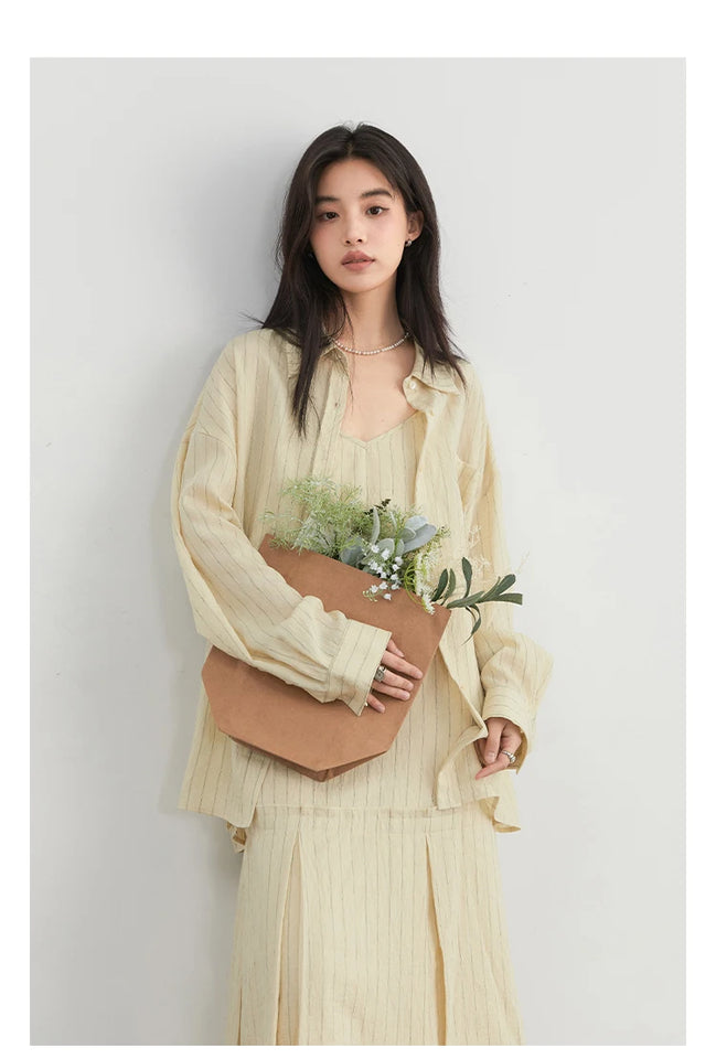 CHIC VEN Women Dress Sets Stripe Shirt Loose Casual Long Sleeve Sunscreen Blouses Camisole V-neck Dresses Spring Autumn 2025