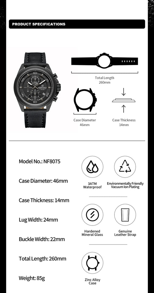Original NAVIFORCE Business Luxury Leather Strap Men Watches Sports Chronograph Watch for Man 3ATM Waterproof Quartz Wristwatch