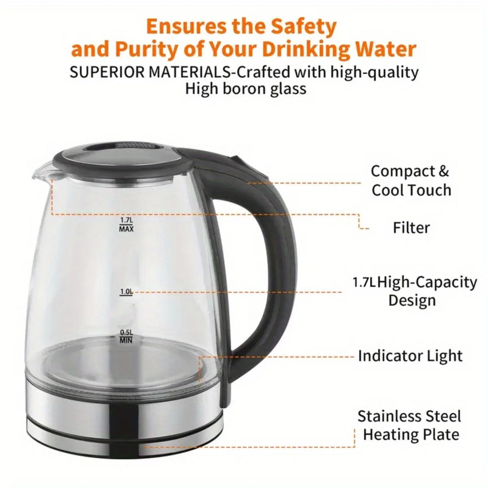 2L Glass Electric Kettle (67.6oz) – 1000W Fast Boiling with Anti-Dry Burn Tech for Kitchen & Dining