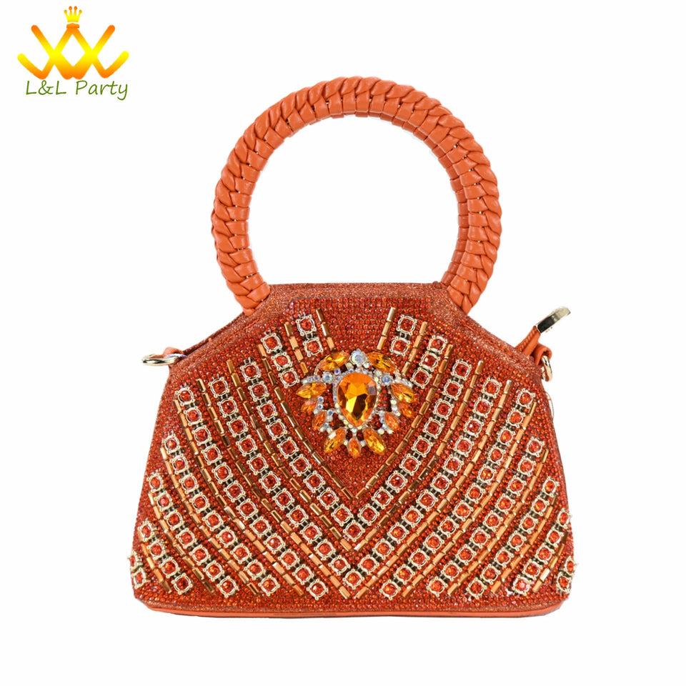 Orange Color New Arrivals Italian Design Nigerian Women Shoes and Bag Set Pointed Toe Slipper with Shinning Crystal for Party