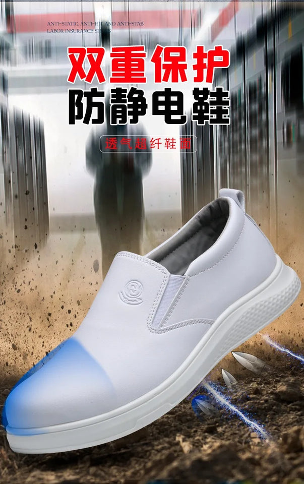 New microfiber leather PU sole anti-static white protective anti-smash anti-puncture safety shoes breathable non-slip work shoes