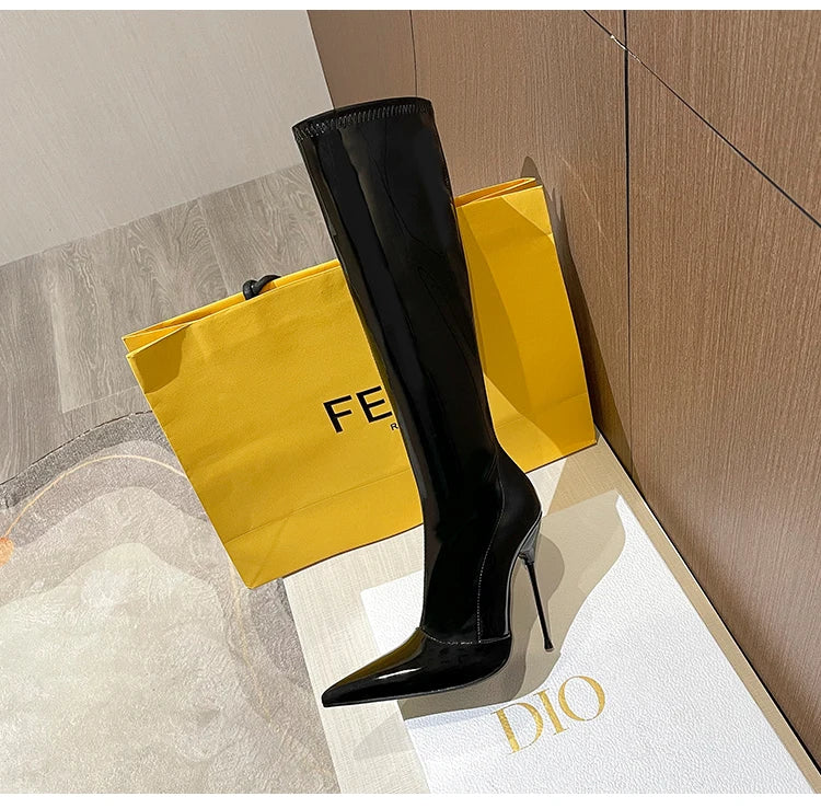 Knee-High Modern Boots Pointy Toe Women Shoes 13cm Ultra Thin Steel High Heels Metal Heel Calf Boots for Women Fun Shoes Size 46