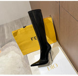 Knee-High Modern Boots Pointy Toe Women Shoes 13cm Ultra Thin Steel High Heels Metal Heel Calf Boots for Women Fun Shoes Size 46