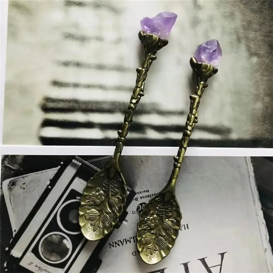 Natural Purple Amethyst Metal Spoons  Coffee Spoon Dessert Copper Spoon Long Handle Vintage Ice Cream Mixing Spoon