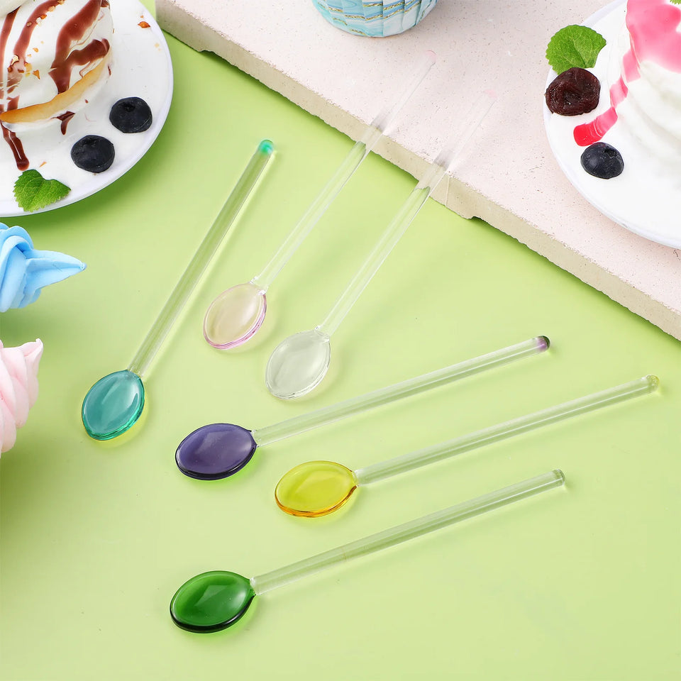 6pcs Glass Spoons Long Handle Transparent For Coffee Tea Honey Dessert Mixing Drinks Cooking Baking Stirring Sticks Tableware