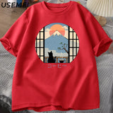Coffee Cat in Mt Fuji T-shirt Men Women Round Neck Short Sleeve Tshirt Japanese Style Printed T-Shirt Cotton Oversized Tops