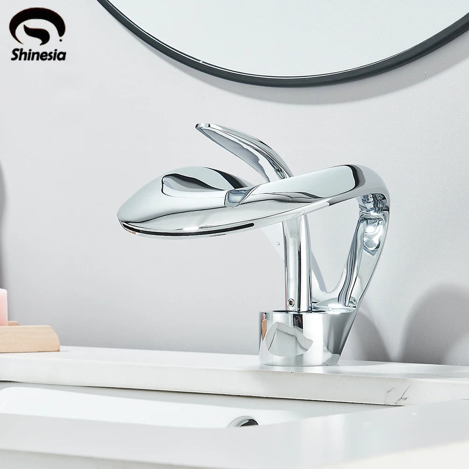 Waterfall Creative Bathroom Basin Faucet Sink Faucet Deck Mounted Hot Cold Water Mixer Crane Brass Body Single Hole Taps Mixers
