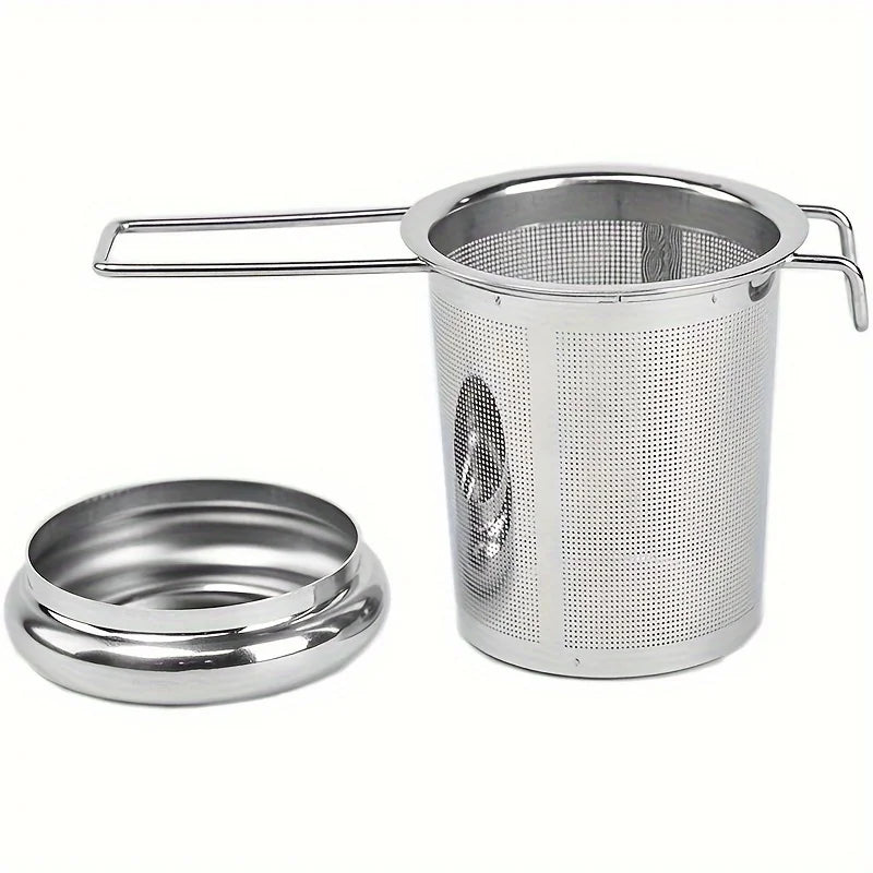 Tea filter, high-quality stainless steel, extended folding handle, tea drain with lid, multi-purpose tea filter with anti scald