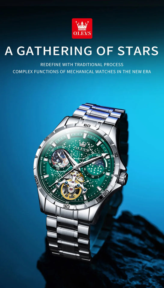 OLEVS 6689 Original Brand Men's Watches Starry Sky Disk Waterproof Luminous Automatic Mechanical Wristwatch Moon Phase Man Watch