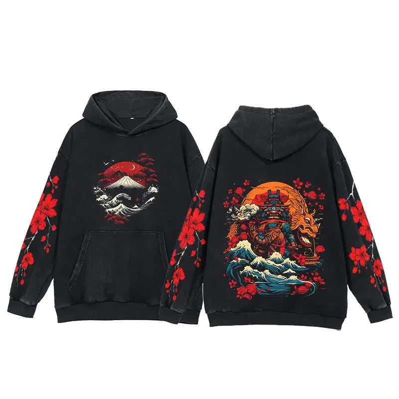 Y2K Anime Hoodies Men Ukiyoe Oversized Loose Vintage Acid Wash Hooded Sweatshirt Women Goth Harajuku Cotton Long Sleeve Pullover