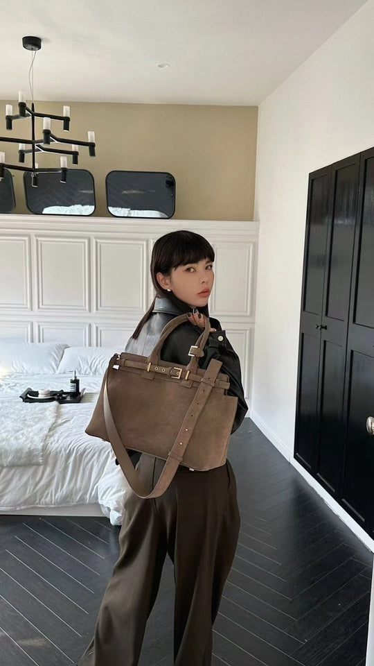 Winter Matte Coffee Camel Grey Large Tote Russian Style Real Suede Cow Leather Women Handbag Nubuck Commuter Office Shoulder Bag
