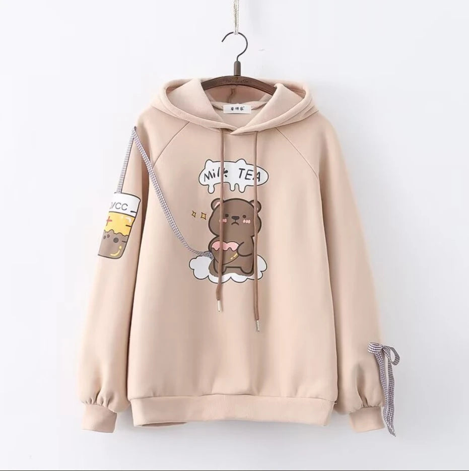 Harajuku Funny Women Hoodies 100% Cotton Winter Plus Fleece Cute Pink Anime Sweatshirt Teen Girl Kawaii Long Sleeve Y2K Hoodie