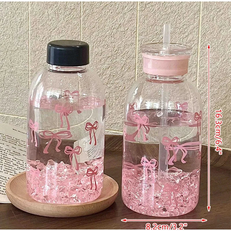 Kawaii Water Bottle Aesthetic Tumbler For Ice Coffee Juice Tea Cute Bowknot Plastic Cups With Straw Lid Portable Drinking Bottle