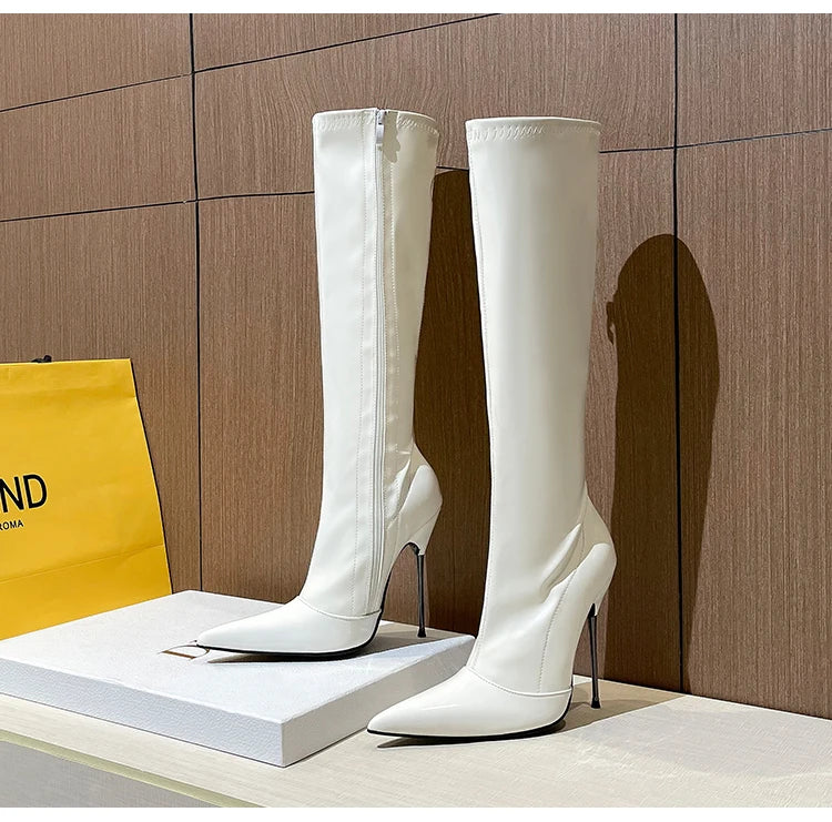 Knee-High Modern Boots Pointy Toe Women Shoes 13cm Ultra Thin Steel High Heels Metal Heel Calf Boots for Women Fun Shoes Size 46